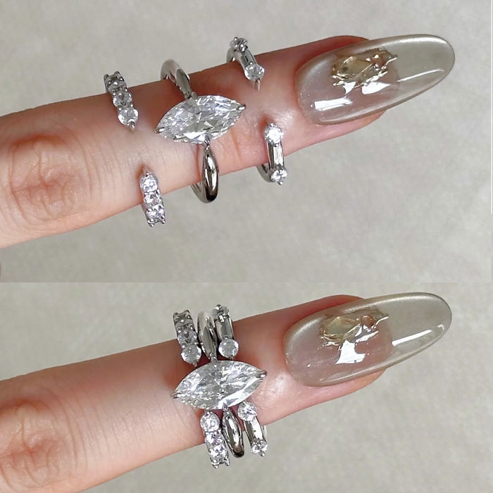 Light Luxury Copper 3 In 1 Stackable Ring With Sparkling Marquise Zircon Open Design For Women