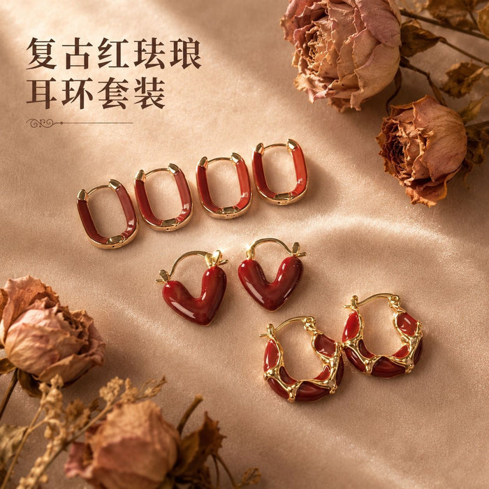 Vintage Red Enamel Heart And Square Hoop Alloy Huggie Set Elegant French Light Luxury Women's Earrings
