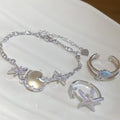 Korean Style Copper Zircon Starfish Open Bracelet And Ring Jewelry Set view 1