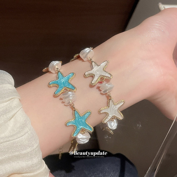 Ocean Style Enamel Starfish Pearl Beaded Bangle For Women Beach Vacation Jewelry
