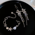 Light Luxury Copper Rhinestone Star Long Tassel Bracelet Earrings Jewelry Set view 3