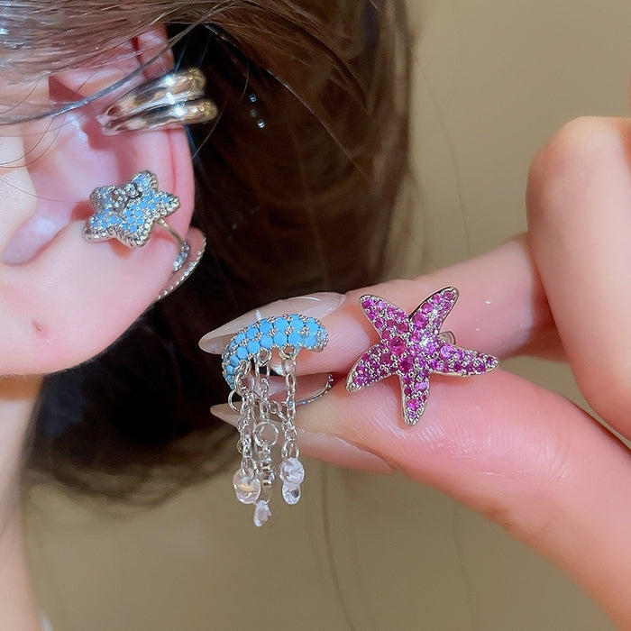 Sparkling Zircon Starfish Copper Clip-on Earrings With Tassel Non-Pierced Ear Cuff Jewelry