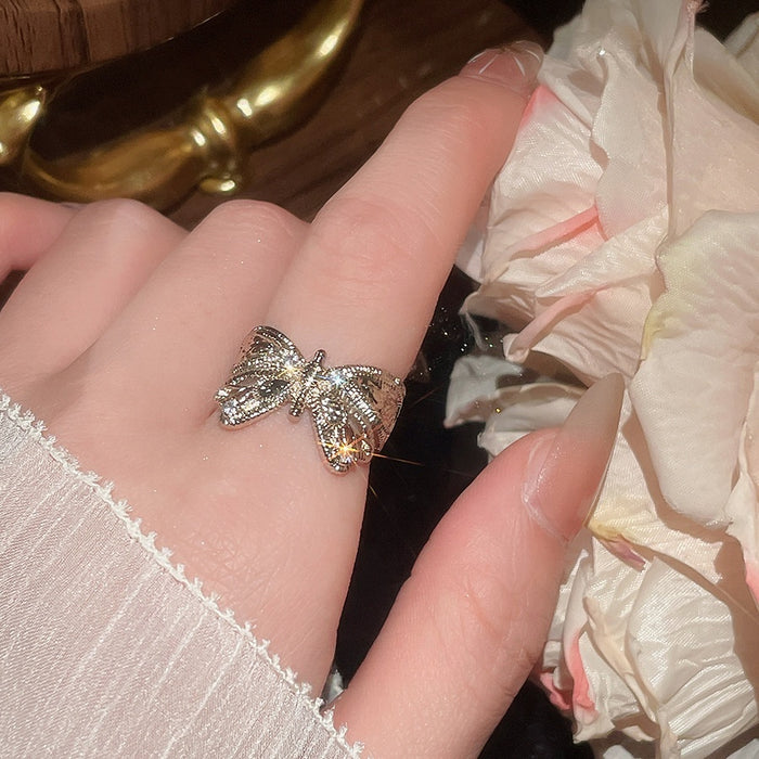 Vintage Copper Iris Butterfly Bow Open Ring, Retro Light Luxury Index Finger Jewelry