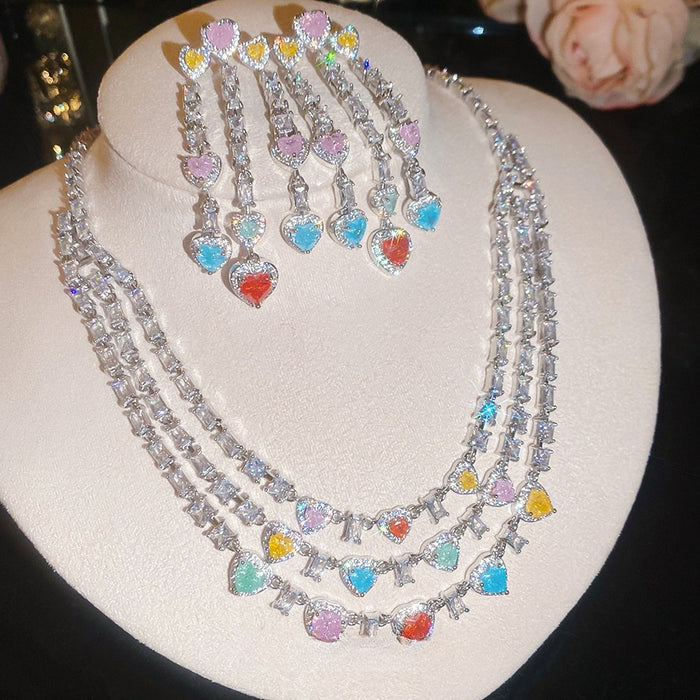 Vintage Palace Style Copper Zircon Heart Tassel Stud Earrings Necklace Jewelry Set