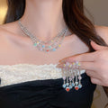 Vintage Palace Style Copper Zircon Heart Tassel Stud Earrings Necklace Jewelry Set view 2