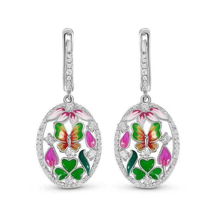 Butterfly Oil Painting Ear Cuff And Clover Hollow Zircon Dangle Earrings, French Romantic