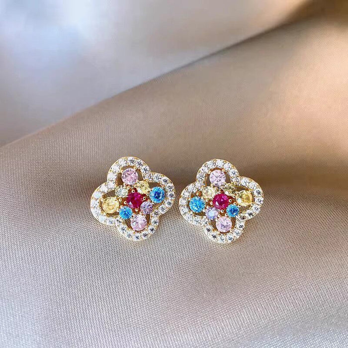 Copper Rhinestone Flower Stud Earrings, Light Luxury French Vintage Floral Jewelry For Women