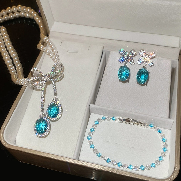 Luxury Copper Zircon Rhombus Buckle Bracelet Necklace Earrings Jewelry Set