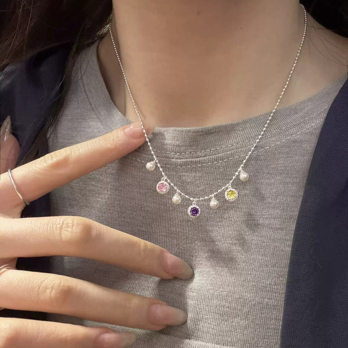 Sparkling Zircon Round Faux Pearl Necklace Korean Light Luxury Geometric Choker For Women