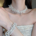 French Pearl Crystal Beaded Floral Lace Necklace Bracelet Earrings Jewelry Set For Women view 4