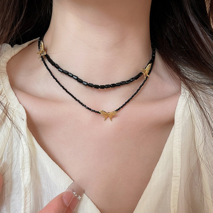 Y2K Crystal Beaded Butterfly Pendant Necklace, Dark Sweet Luxury Collarbone Choker