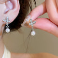 Light Luxury Faux Pearl Zircon Butterfly Flower Stud Earrings With Silver Pins For Women view 3