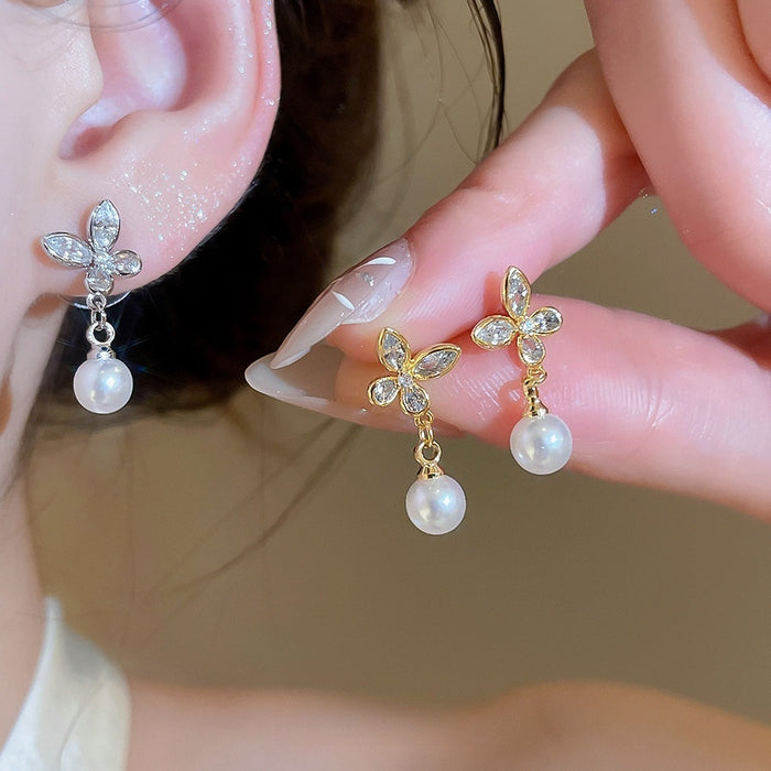 Light Luxury Faux Pearl Zircon Butterfly Flower Stud Earrings With Silver Pins For Women