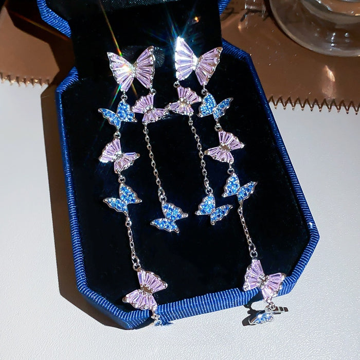 Sweet Style Zircon Butterfly Tassel Drop Earrings With Silver Needle Posts For Women