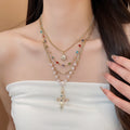 Light Luxury Copper Colorful Zircon Sun Pearl Multi Layer Geometric Cross Choker Necklace For Women view 3