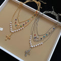 Light Luxury Copper Colorful Zircon Sun Pearl Multi Layer Geometric Cross Choker Necklace For Women view 2