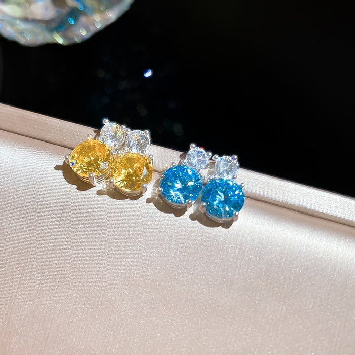 Light Luxury Copper Round Zircon Stud Earrings With Silver Posts Elegant Geometric Jewelry