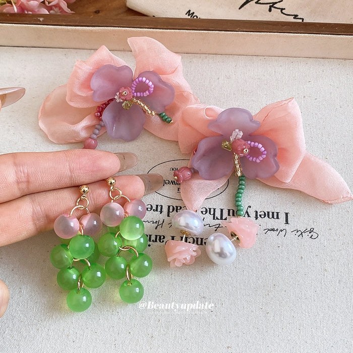 Sweet Resin Chiffon Flower Stud Earrings With Silver Pins Fresh Forest Style Women's Jewelry
