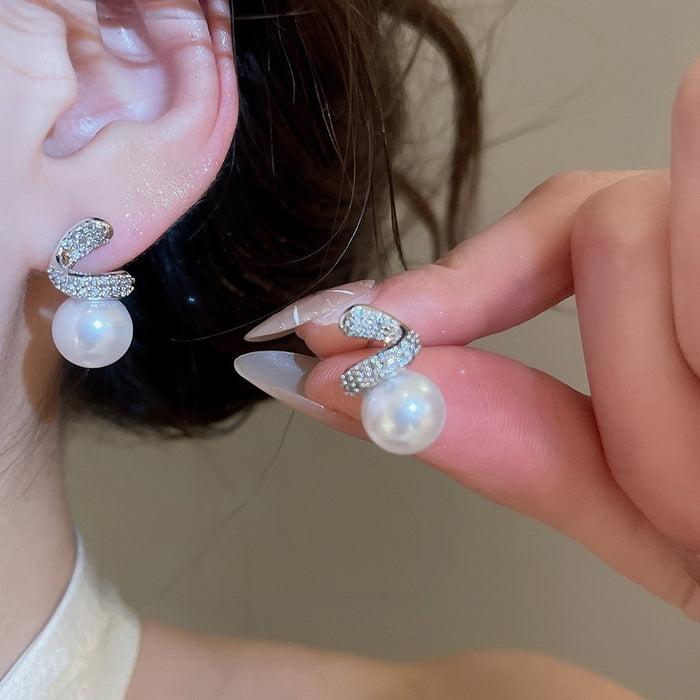 Light Luxury Round Faux Pearl Zircon Stud Earrings With Silver Needles For Elegant Women