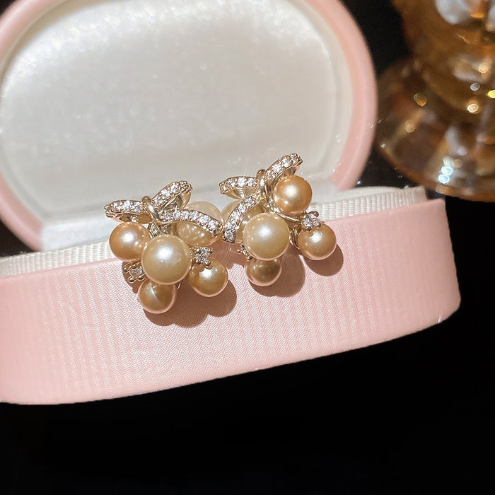 French Vintage Grape Cluster Faux Pearl Zircon Stud Earrings Elegant Geometric Round Jewelry