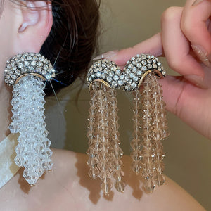 Light Luxury Geometric Crystal Tassel Drop Earrings With Silver Pins For Evening Dress