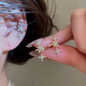 Light Luxury Copper Zircon Star Clip-on Earrings For Women, No Piercing Ear Cuff Style