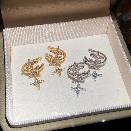Light Luxury Copper Zircon Star Clip-on Earrings For Women, No Piercing Ear Cuff Style