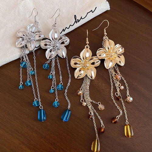 2026 New Alloy Smooth Flower Crystal Tassel Drop Earrings Unique Ethnic Playful Floral Ear Hooks