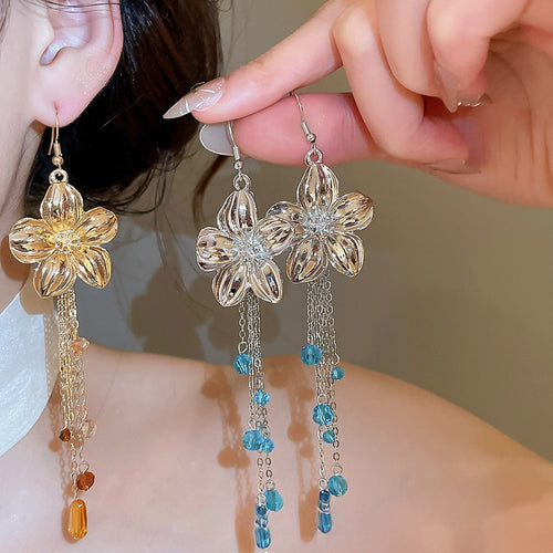 2026 New Alloy Smooth Flower Crystal Tassel Drop Earrings Unique Ethnic Playful Floral Ear Hooks