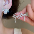 Minimalist Korean Copper Bowknot Zircon Stud Earrings With Silver Pins For Women view 2