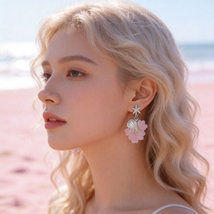 Luxury Starfish Shell Flower Petal Tassel Stud Earrings With Rhinestone Alloy Beach Vacation Earrings