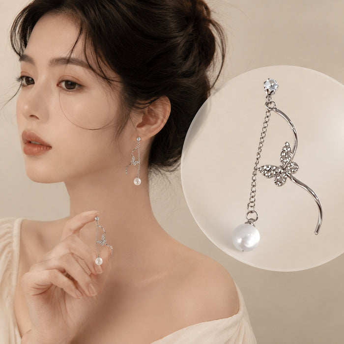 Elegant Alloy Rhinestone Butterfly Chain Tassel Pearl Drop Earrings For Women Fresh Chinese Style Earrings