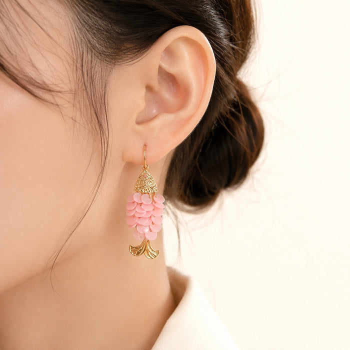 French Vintage Pink Acrylic Scale Little Fish Drop Alloy Gold Plated Elegant Luxury Fashion Earrings