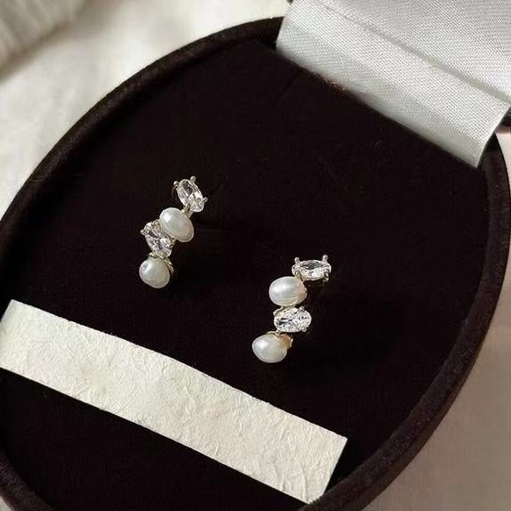 Elegant Oval Faux Pearl Zircon Stud Earrings Geometric Sparkle Versatile Fashion Jewelry