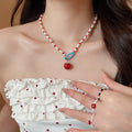 Artificial Crystal Rice Bead Enamel Apple Flower Necklace Ring Jewelry Set Cute Office Lady Style view 3