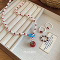 Artificial Crystal Rice Bead Enamel Apple Flower Necklace Ring Jewelry Set Cute Office Lady Style view 2