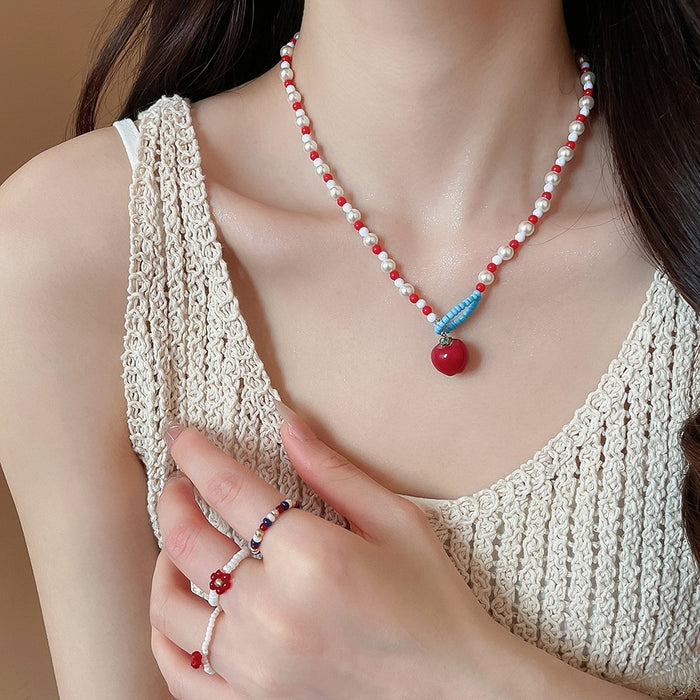 Artificial Crystal Rice Bead Enamel Apple Flower Necklace Ring Jewelry Set Cute Office Lady Style