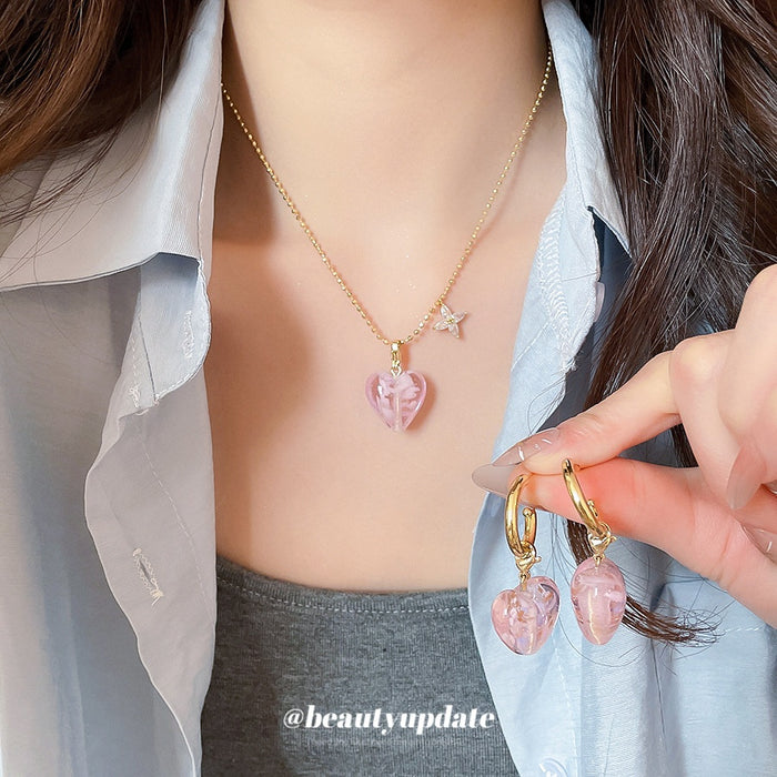 Glass Crystal Bead Heart Necklace And Stud Earrings Jewelry Set Sweet Fashion OL Style