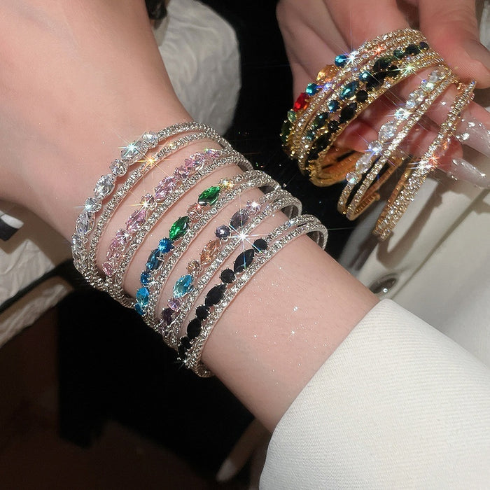 Light Luxury Copper Rhinestone Round Double Layer Elastic Bangle For Women