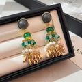 Vintage Ethnic Waterdrop Crystal Rice Bead Tassel Gold Alloy Long Dangle Statement Earrings view 3