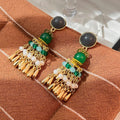 Vintage Ethnic Waterdrop Crystal Rice Bead Tassel Gold Alloy Long Dangle Statement Earrings view 4