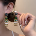 Vintage Ethnic Waterdrop Crystal Rice Bead Tassel Gold Alloy Long Dangle Statement Earrings view 1