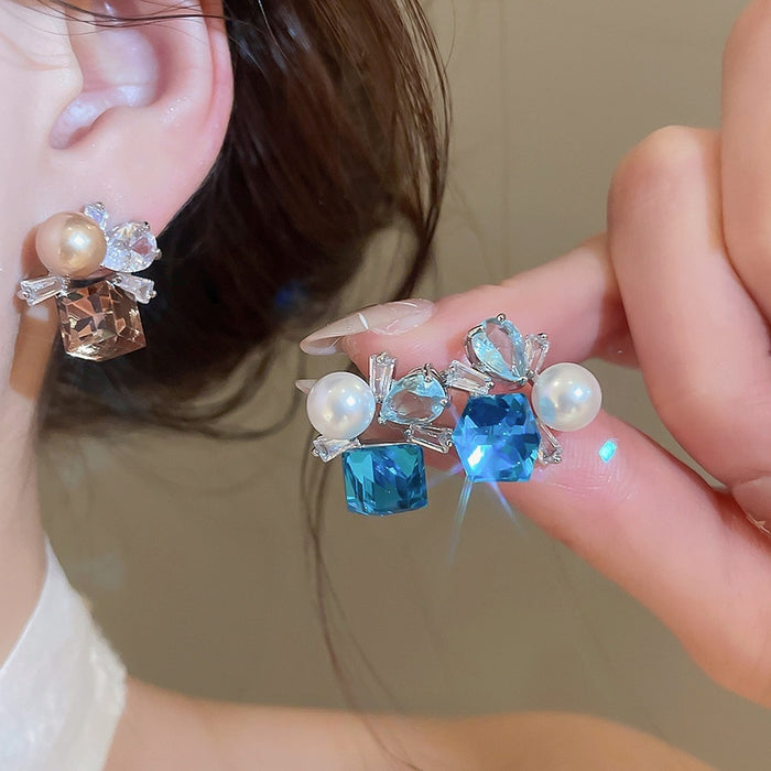 Light Luxury Copper Blue Teardrop Pearl Zircon Geometric Stud Earrings For Women
