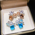 Light Luxury Copper Blue Teardrop Pearl Zircon Geometric Stud Earrings For Women view 2