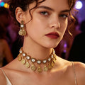 Bohemian Vintage Gold Alloy Crystal Multi Coin Tassel Statement Choker Necklace Jewelry Set Drop Earrings view 1