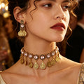 Bohemian Vintage Gold Alloy Crystal Multi Coin Tassel Statement Choker Necklace Jewelry Set Drop Earrings view 3
