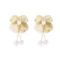 Elegant 3D Ginkgo Flower Alloy Pearl Tassel Studs With Textured Metal Petals Long Drop Earrings view 5