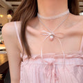 Fairy Style Faux Pearl Bow Necklace With Lace Strawberry Charm Geometric Choker Design view 1