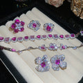 Light Luxury Court Style Copper Zircon Heart Flower Bracelet Stud Earrings Ring Jewelry Set view 1