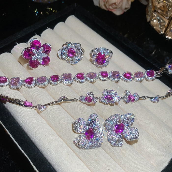 Light Luxury Court Style Copper Zircon Heart Flower Bracelet Stud Earrings Ring Jewelry Set